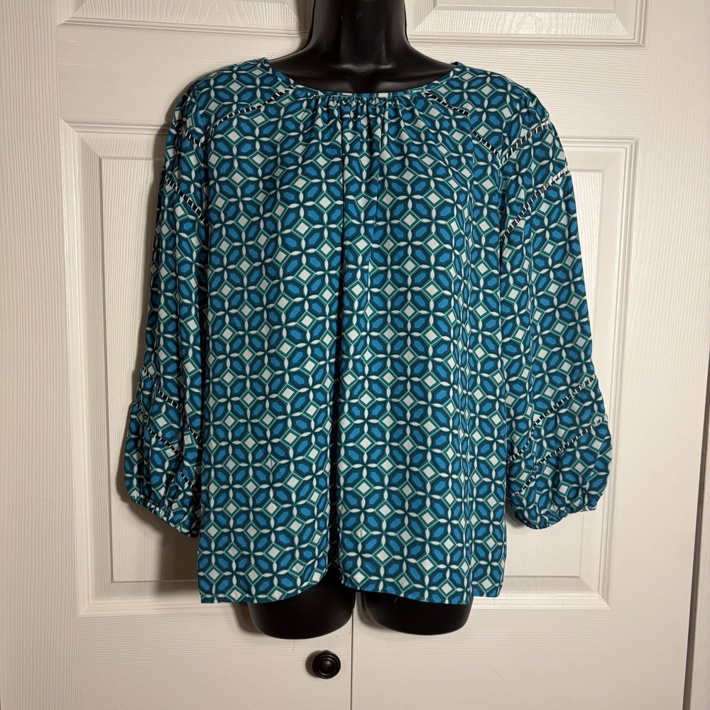 LOFT Blouse Women M Blue Green White Geometric Tile Print Cutout Details